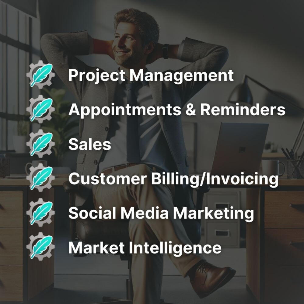 Satisfied owner in his office, plus list of services offered: Project Management, Appointments & Reminders, Sales, Customer Billing/Invoicing, Social Media Marketing, Market Intelligence